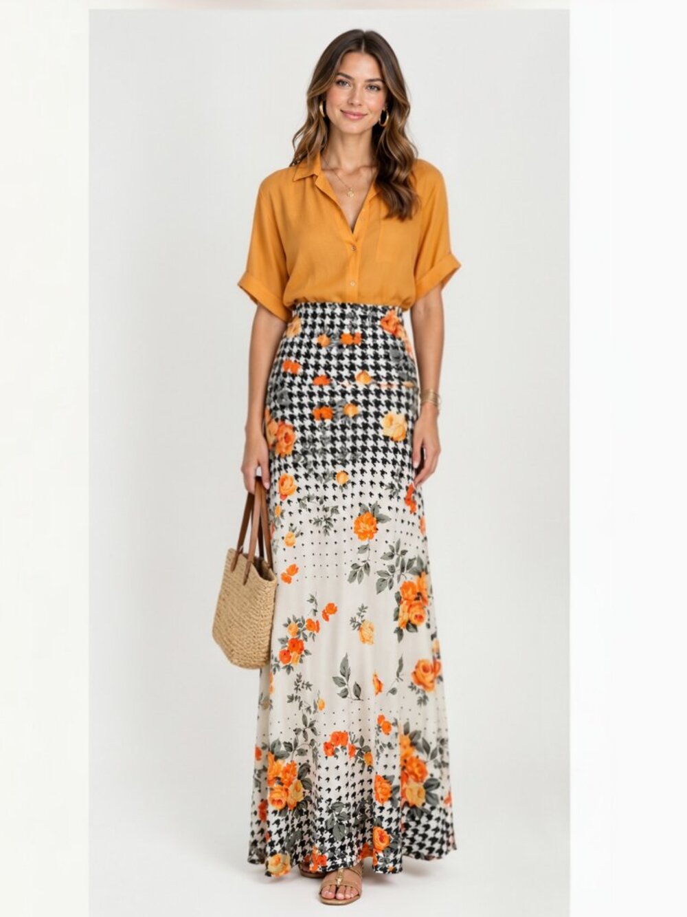LuLaRoe Cream Maxi Skirt with Orange Floral & Black Houndstooth